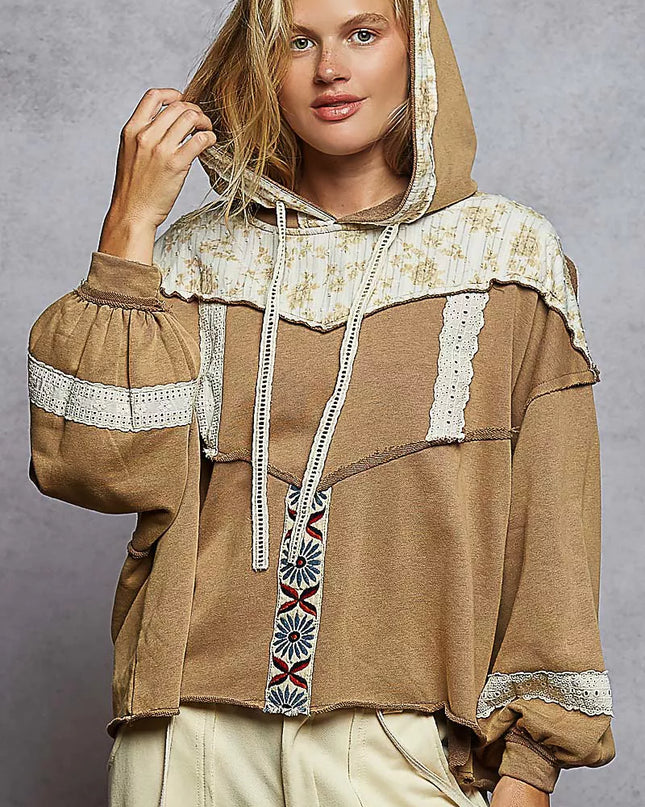 POL Drawstring French Terry Hoodie with Gauze Print Patch - Sleekdenim.com