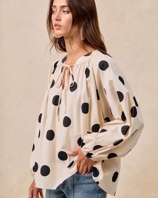 BiBi Polka Dot Exaggerated Balloon Sleeves Blouse - Sleekdenim.com