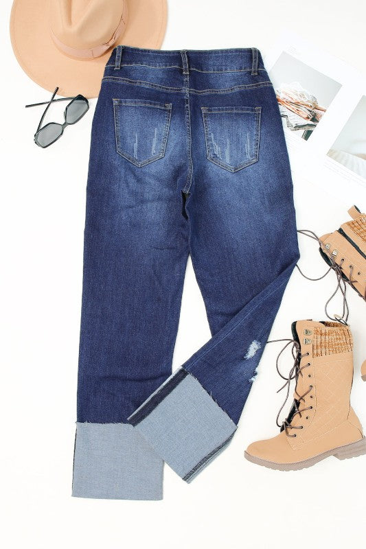 Denim High Waist Distressed Straight Leg Jeans - Sleekdenim.com