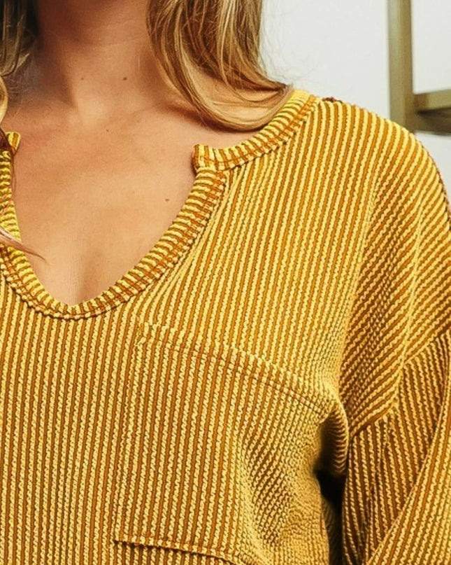 BiBi Wavy Two Tone Rib Notch Neck Patch Pocket Top - Sleekdenim.com