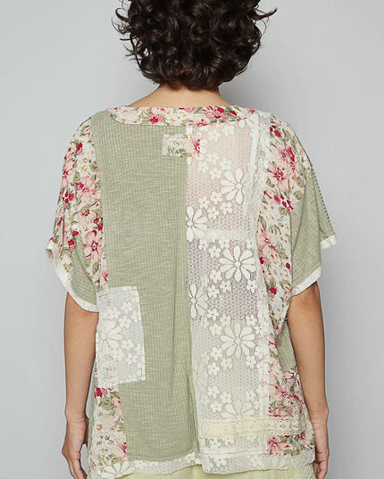 POL Lace Round Neck Short Sleeve Floral Pattern Top with Patch Detail - Sleekdenim.com