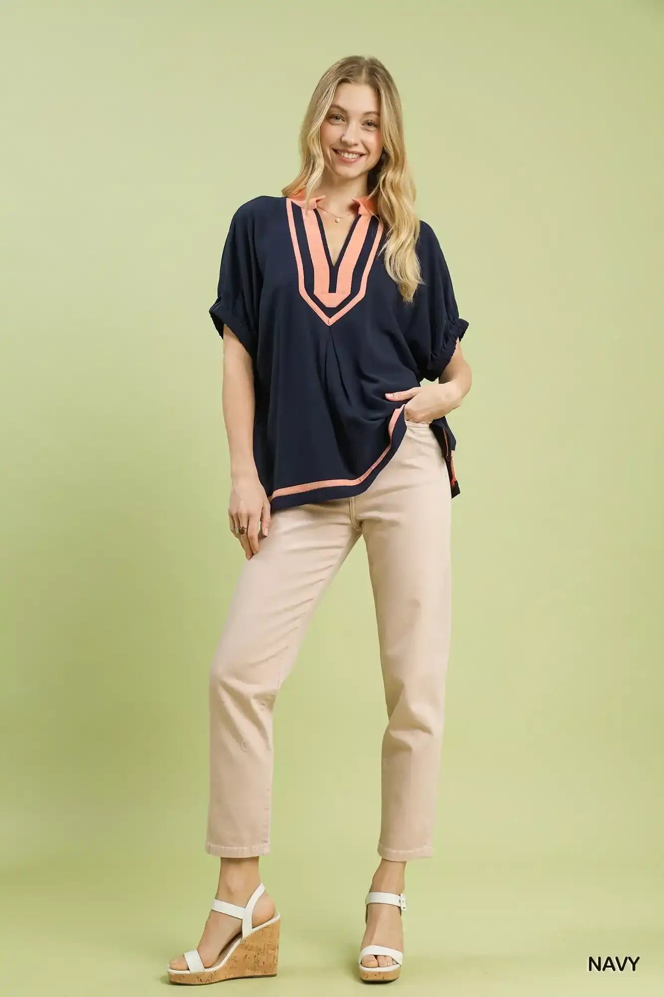 Umgee Linen Contrast Trim V-Neck Blouse - Sleekdenim.com