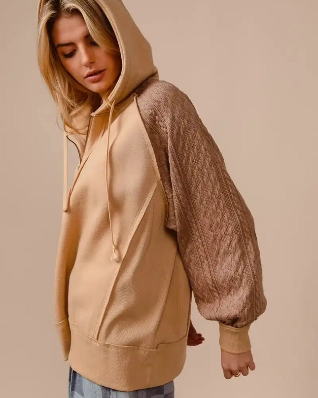 BiBi Half Zip French Terry Hoodie with Kint Sleeves - Sleekdenim.com