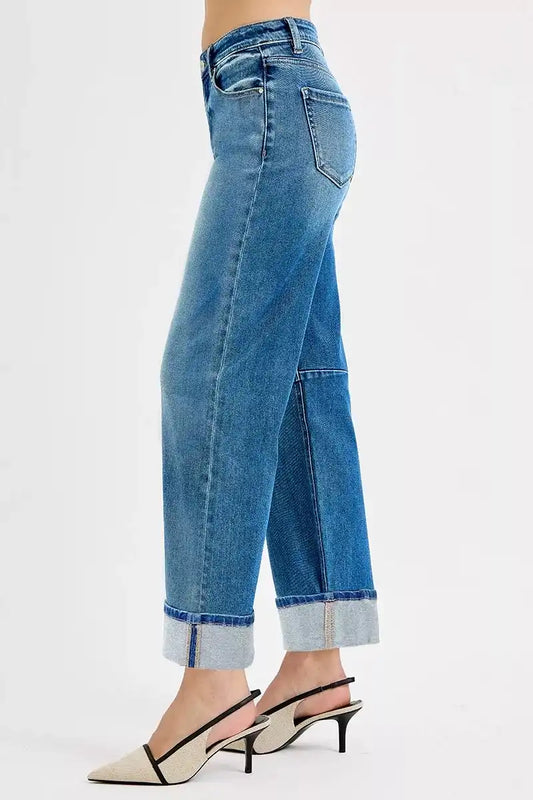RISEN Mid Rise Slouchy Crop Barrel Cuffed Jeans