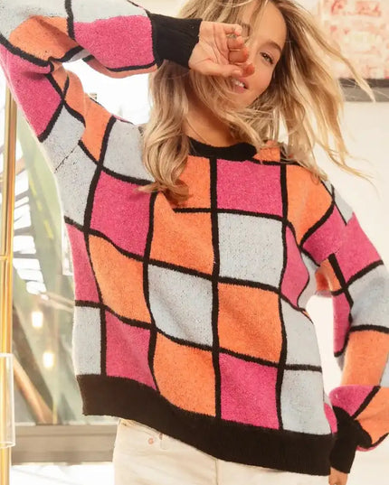 BiBi Multi Color Checker Pattern Sweater - Sleekdenim.com