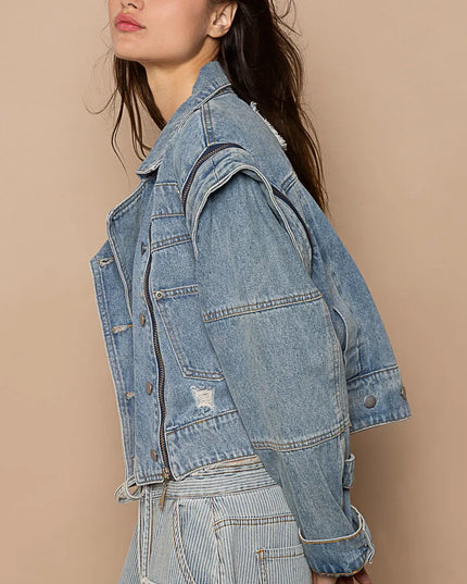 POL Cropped Denim Jacket with Functional Zipper Detail - Sleekdenim.com