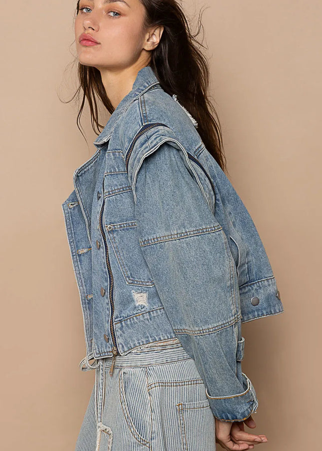 POL Cropped Denim Jacket with Functional Zipper Detail - Sleekdenim.com