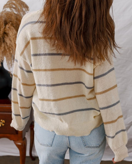 Stripe Ribbed Trim Drop Shoulder Sweater - Sleekdenim.com