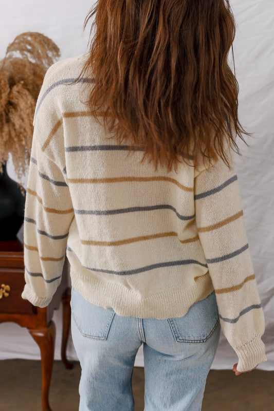 Stripe Ribbed Trim Drop Shoulder Sweater - Sleekdenim.com