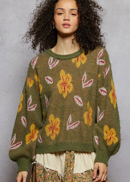 POL Floral Pattern Round Neck Balloon Sleeve Sweater - Sleekdenim.com