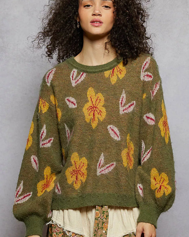 POL Floral Pattern Round Neck Balloon Sleeve Sweater - Sleekdenim.com