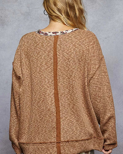 POL Balloon Sleeve Oversized Ribbed Top with Floral Pattern Contrast - Sleekdenim.com