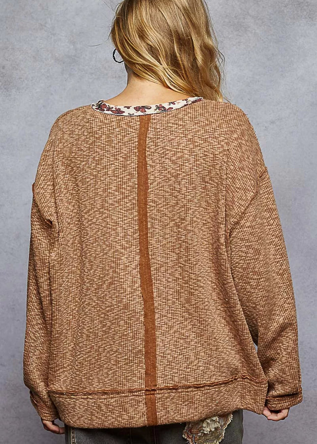 POL Balloon Sleeve Oversized Ribbed Top with Floral Pattern Contrast - Sleekdenim.com