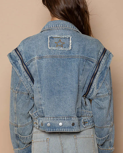 POL Cropped Denim Jacket with Functional Zipper Detail - Sleekdenim.com