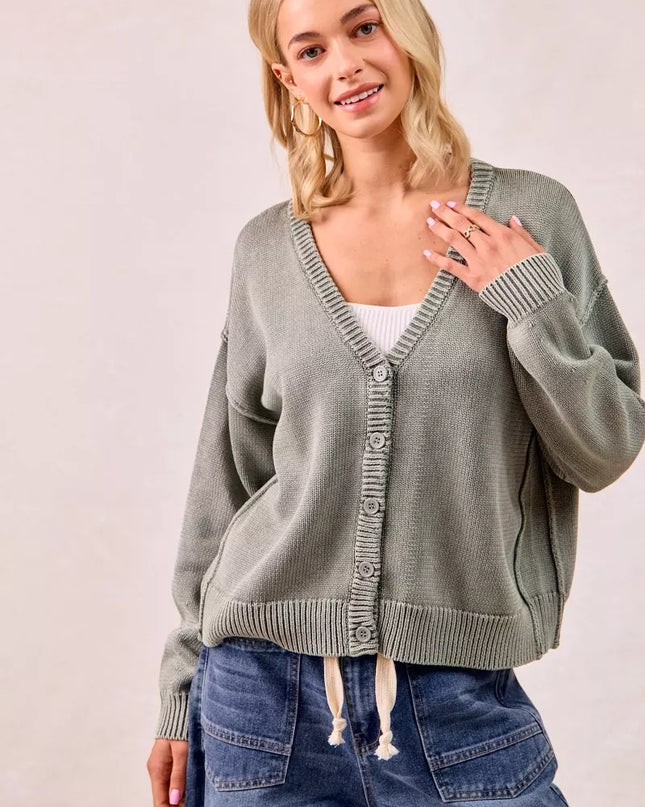BiBi Washed Sweater V Neck Cardigan - Sleekdenim.com