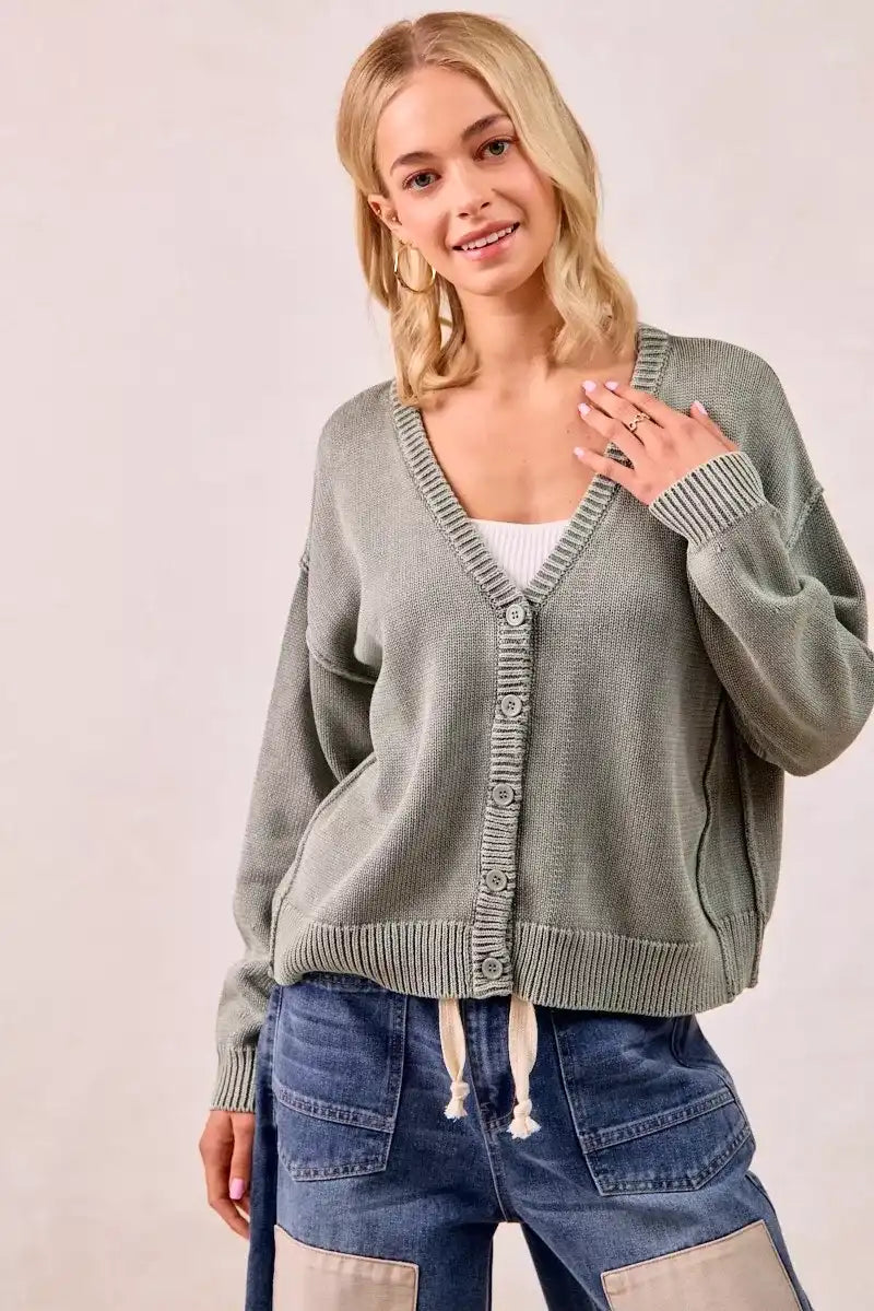 BiBi Washed Sweater V Neck Cardigan - Sleekdenim.com