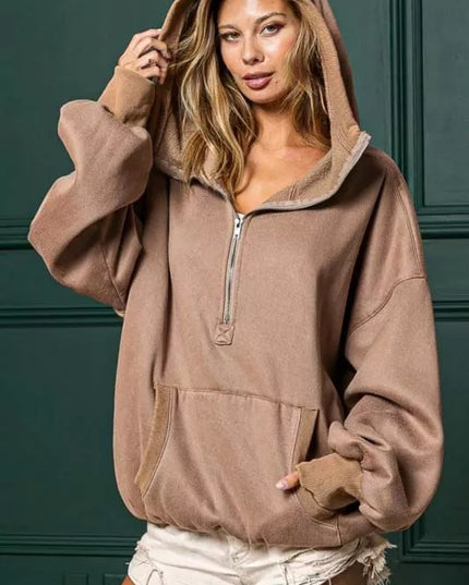 BiBi Stitch Detailed Elastic Hem Half Zip Fleece Hoodie - Sleekdenim.com