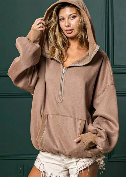 BiBi Stitch Detailed Elastic Hem Half Zip Fleece Hoodie - Sleekdenim.com