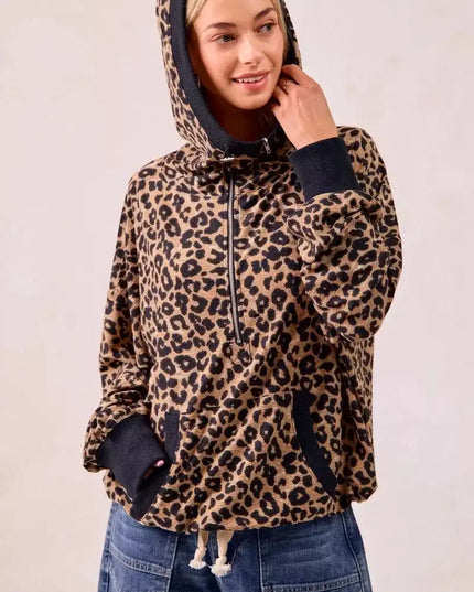BiBi Leopard Print Waffle Half Zip Up Hoodie W Pocket - Sleekdenim.com
