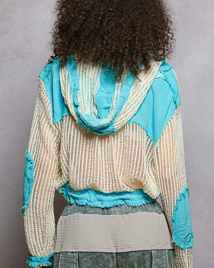 POL Texture Woven Button Down Hooded Shirt with Drawstring Hem - Sleekdenim.com