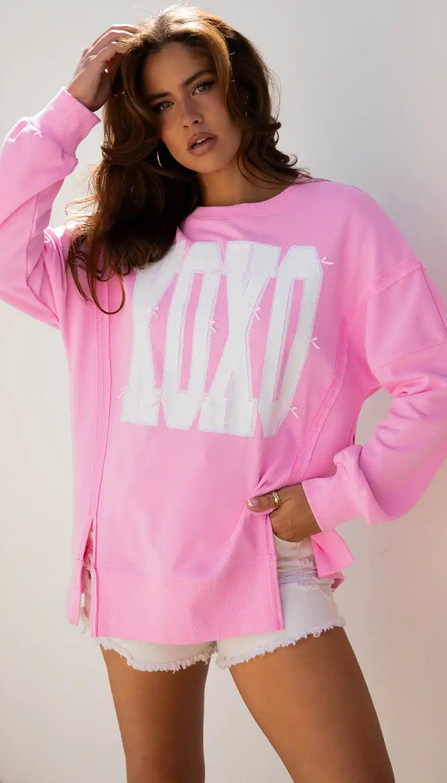 Pink Bow Sequin XOXO Letter Graphic Exposed Seam Baggy Sweatshirt - Sleekdenim.com