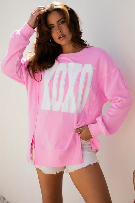 Pink Bow Sequin XOXO Letter Graphic Exposed Seam Baggy Sweatshirt - Sleekdenim.com