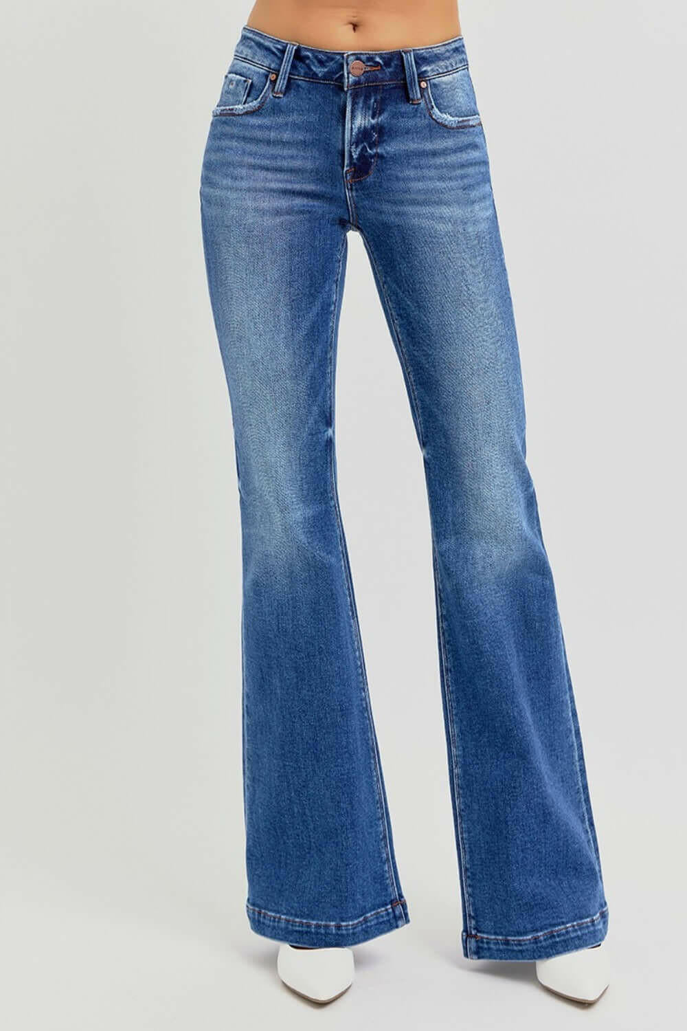 RISEN Full Size Low Rise Flare Jeans with Pockets.