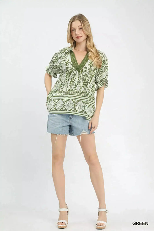 Umgee Two Tone Boarder Print Top