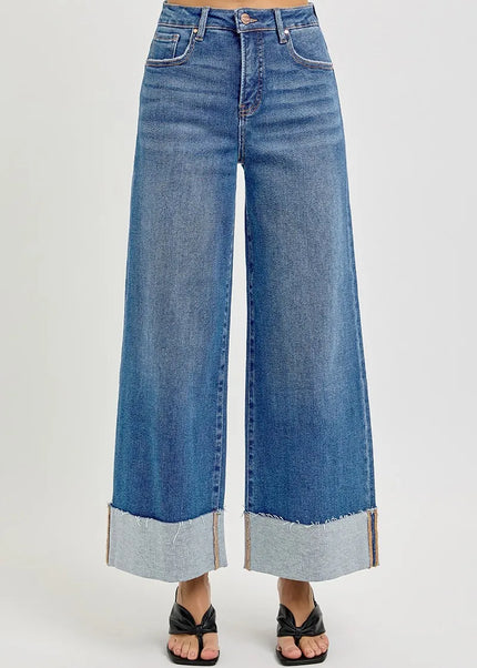RISEN Full Size Tummy Control High Rise Crop Wide Cuffed Jeans Plus Size - Sleekdenim.com