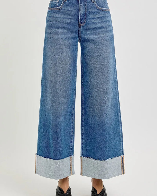 RISEN Full Size Tummy Control High Rise Crop Wide Cuffed Jeans Plus Size - Sleekdenim.com