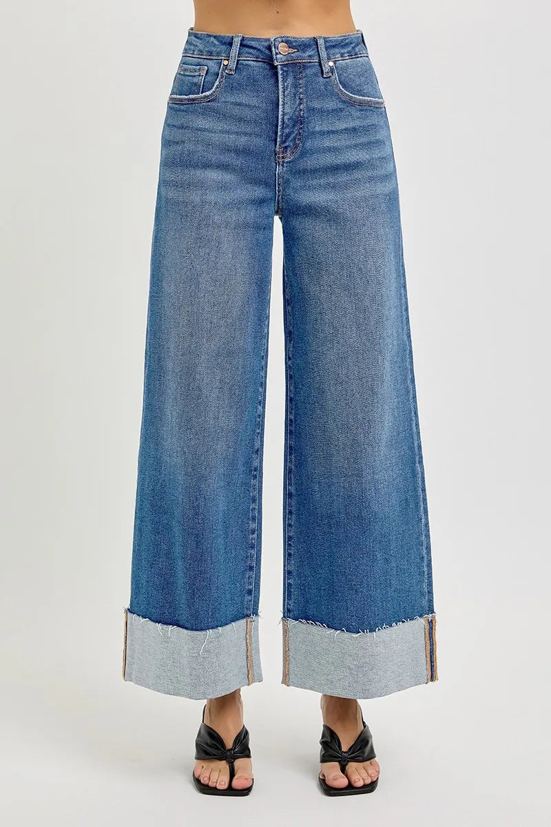 RISEN Full Size Tummy Control High Rise Crop Wide Cuffed Jeans Plus Size - Sleekdenim.com