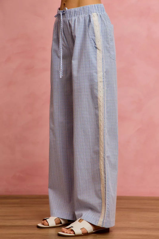 SO ME Wide Check  Pants With Side Lace Trim And Piping - 4