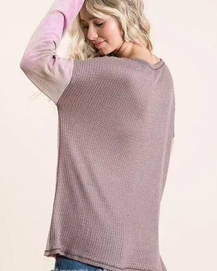BiBi Thermal Waffle Color Block Top with Tie Dye - Sleekdenim.com