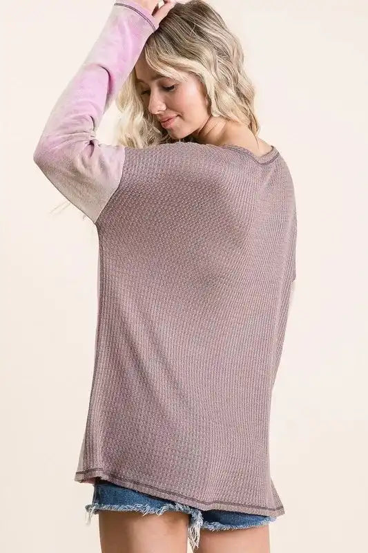 BiBi Thermal Waffle Color Block Top with Tie Dye - Sleekdenim.com