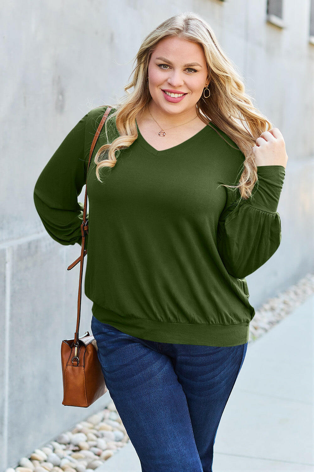 Basic Bae Full Size V-Neck Lantern Sleeve Top Army Green