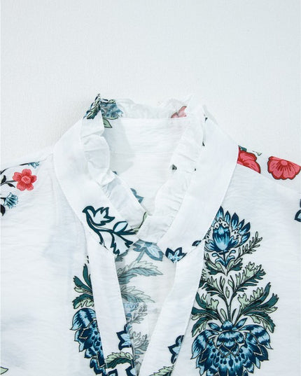 Floral Frilled V-Neck Long Sleeve Buttoned Shirt - Sleekdenim.com