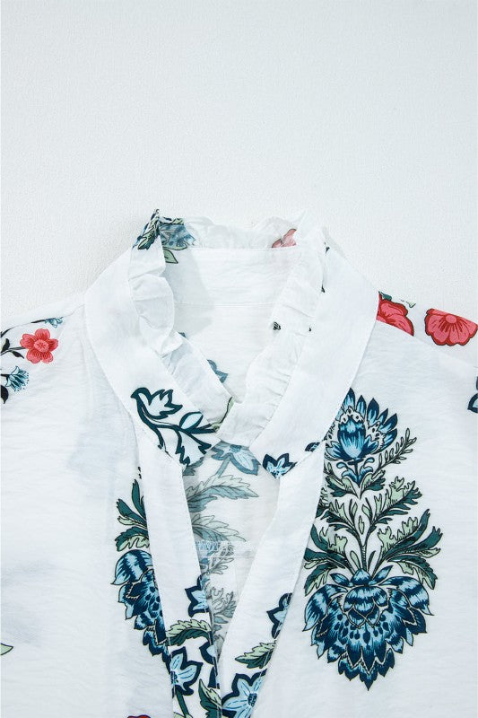 Floral Frilled V-Neck Long Sleeve Buttoned Shirt - Sleekdenim.com