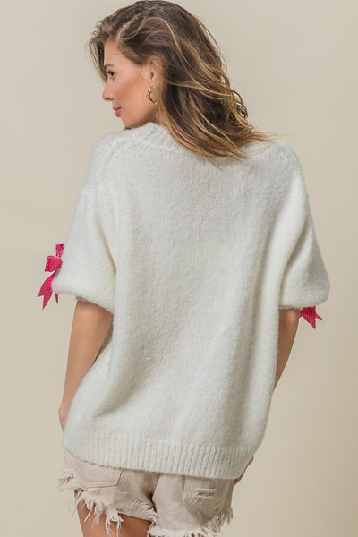 BiBi Sequin Bow Puff Sleeve Sweater | Sleekdenim.com