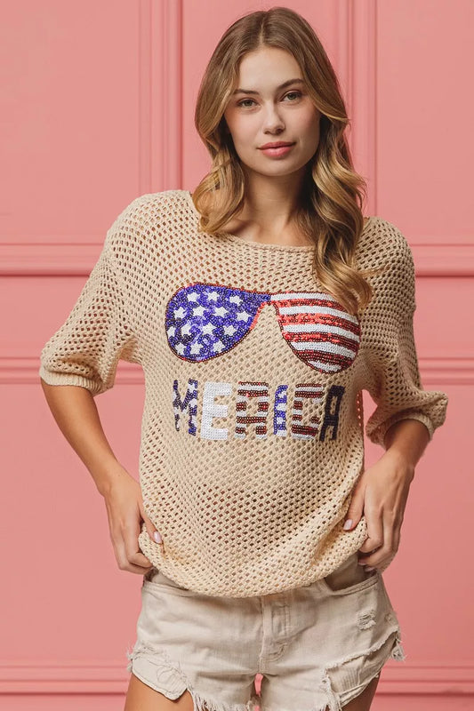 BiBi Sequin American Flag Sunglasses Knit Cover Up