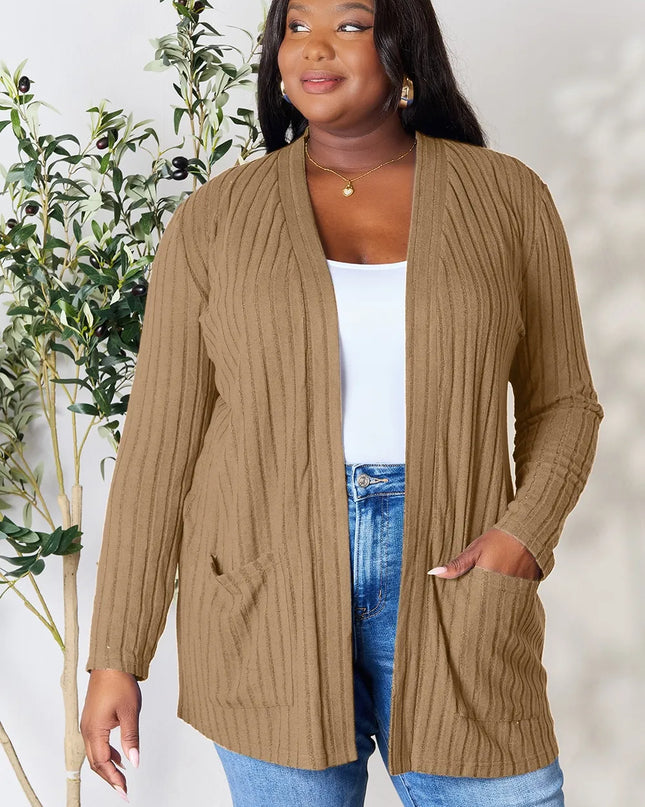 Basic Bae Full Size Ribbed Open Front Cardigan with Pockets - Sleekdenim.com