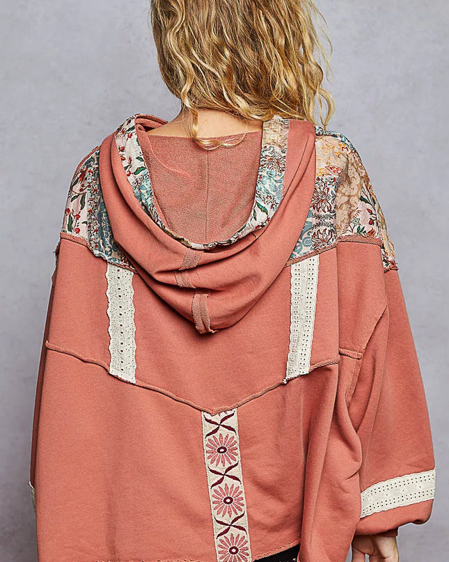 POL Drawstring French Terry Hoodie with Gauze Print Patch - Sleekdenim.com