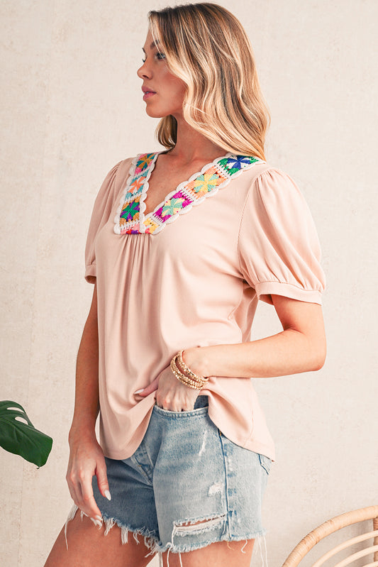 Pale Chestnut Floral Crochet V Neck Crinkled Blouse - 2