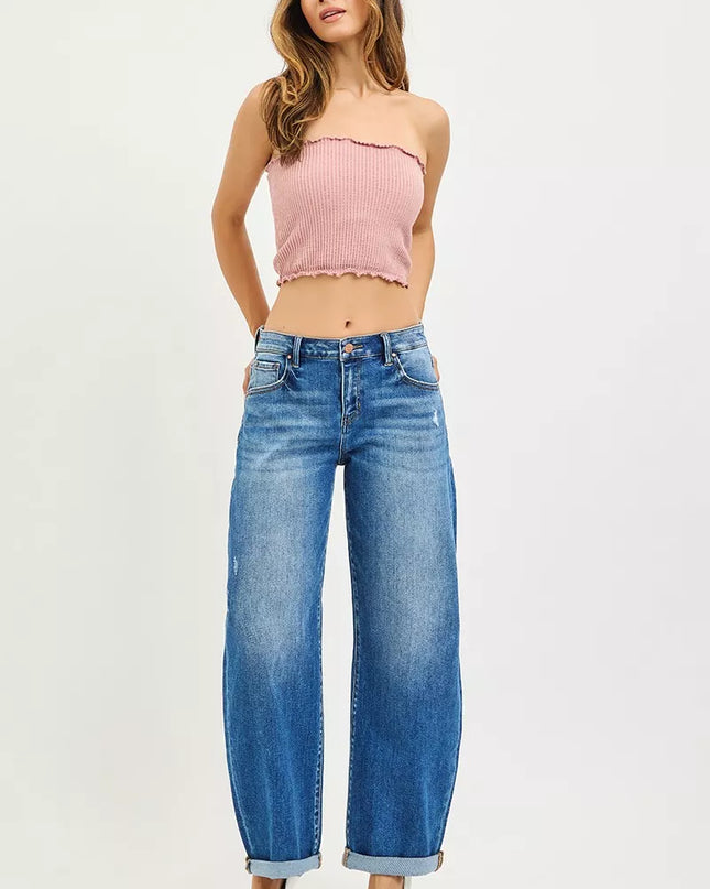 RISEN Full Size Mid Rise Barrel Double Roll Up Jeans Plus Size - Sleekdenim.com
