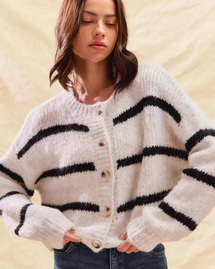 SO ME Stripe Soft Touch Button Cozy Sweater Cardigan - Sleekdenim.com