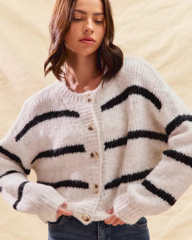 SO ME Stripe Soft Touch Button Cozy Sweater Cardigan - Sleekdenim.com