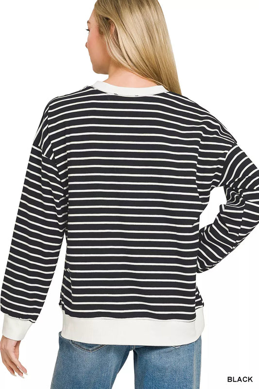 Zenana Contrast Striped Round Neck Sweatshirt - Sleekdenim.com
