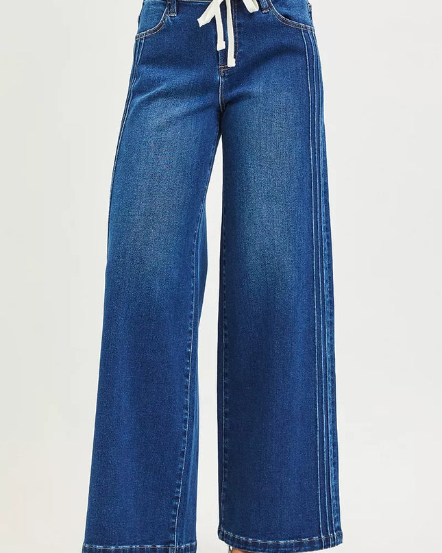 RISEN Full Size Mid Rise Wide Side Pintuck Jeans with Front Drawstring Plus Size - Sleekdenim.com