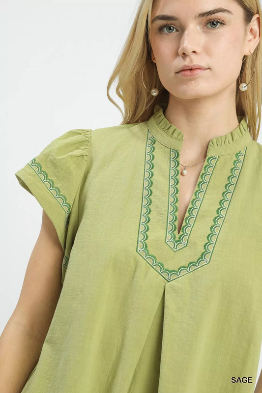 Umgee Embroidered Flutter Sleeve Blouse - Sleekdenim.com