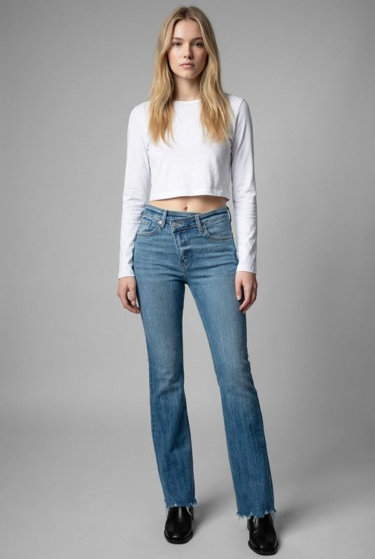 AT1098FLM - HIGH RISE CROSSOVER WAIST FLARE JEANS
