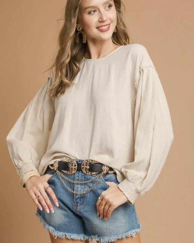 Umgee Linen Scallop Hem Long Sleeve Blouse - Sleekdenim.com